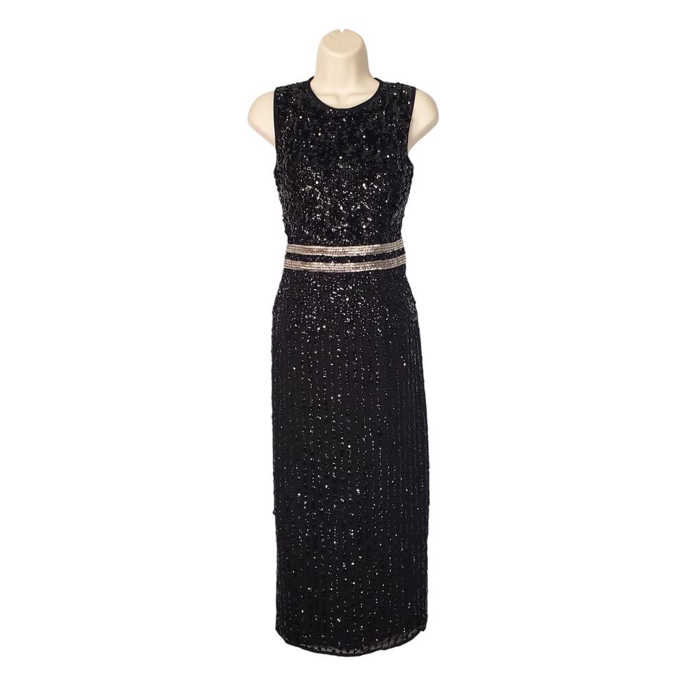 Mac Duggal Sleeveless High Neck Beaded Midi Sheath Dress Black FLAWED Size 0